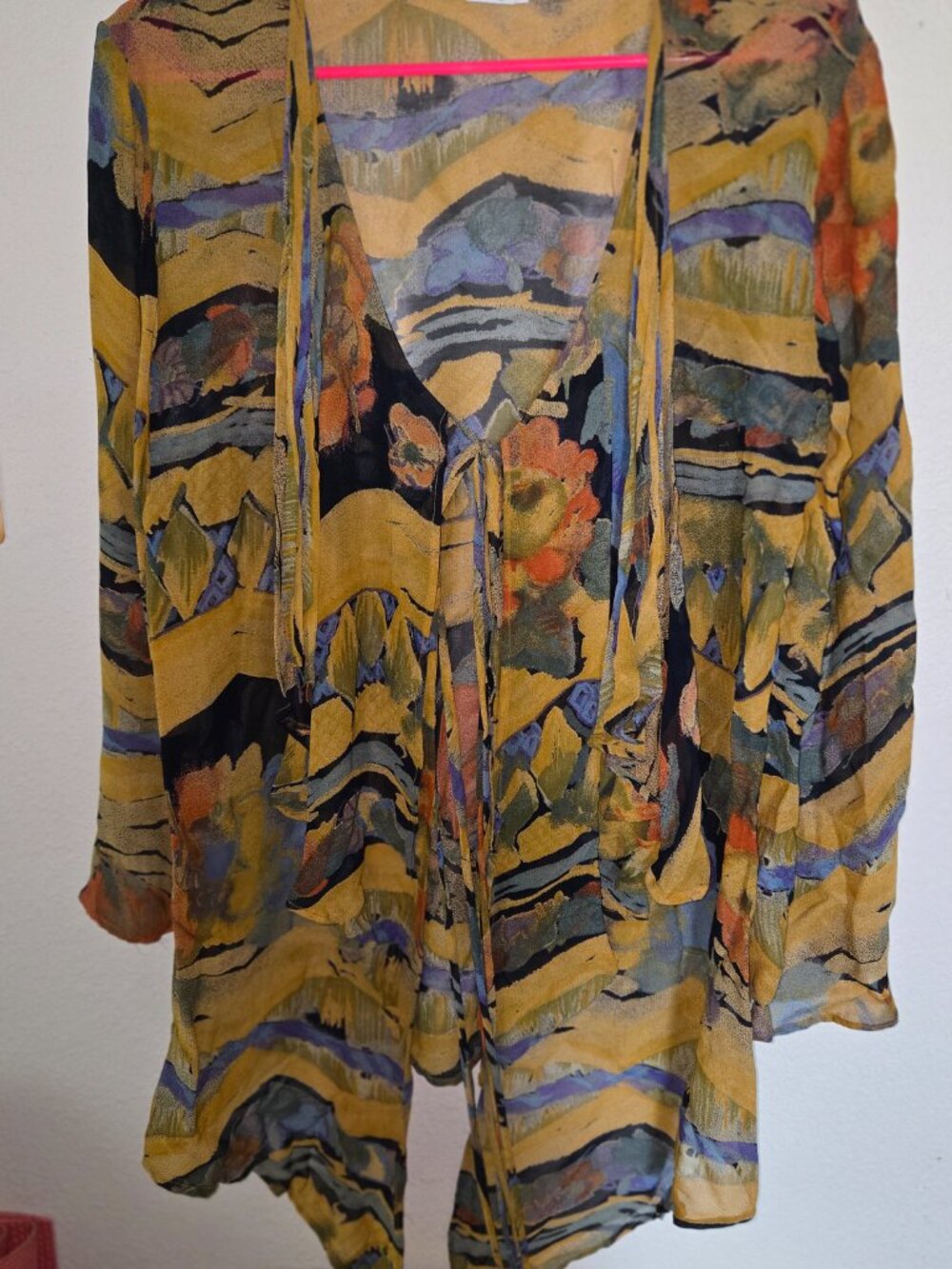 One of a Kind top with flounced front; Very sheer, wear with bra or tank; Size S